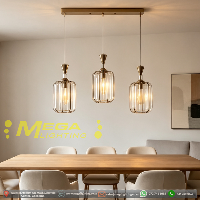 3‑Light Gold Oval Glass Pendant Light 50cm Base Dining Room Kitchen Island Home Bar MEGA LIGHTING South Africa
