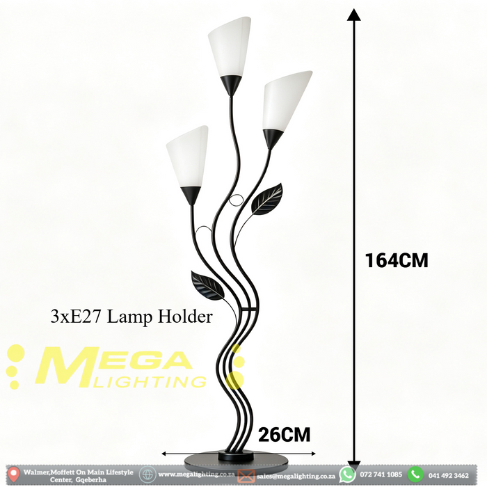 Main image:164cm artistic floral black metal floor lamp with frosted white shades, 3‑light E27 floor light MEGA LIGHTING South Africa
