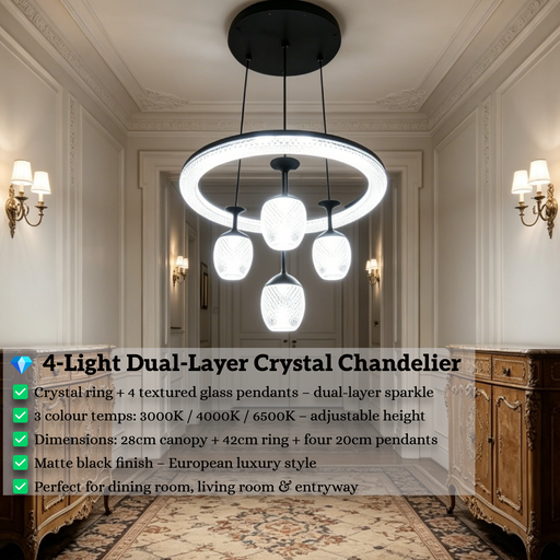 Black dual-layer crystal LED chandelier with 4 textured glass shades, installed in a minimalist European dining room with warm 3000K lighting.