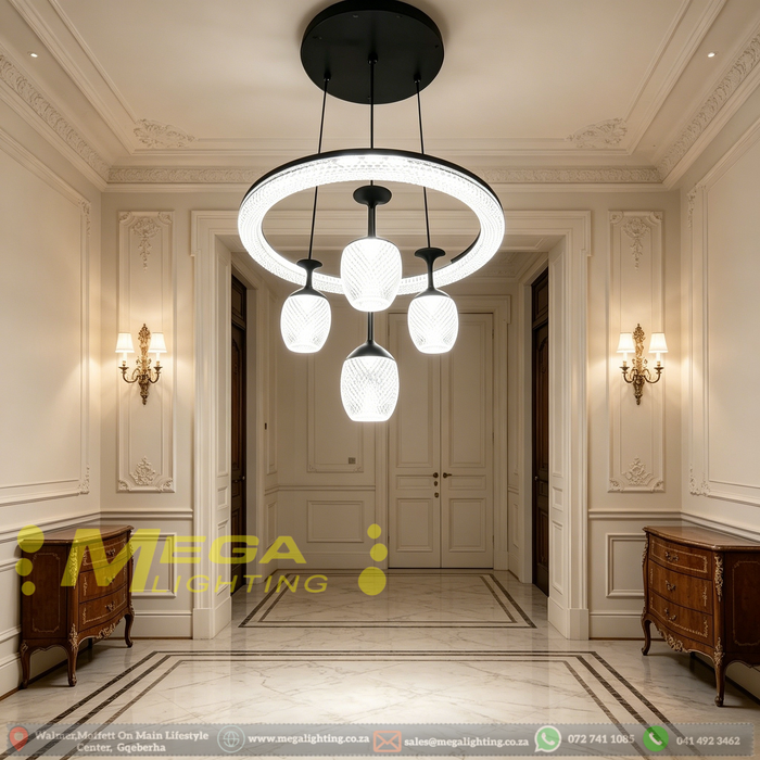 Black dual-layer crystal LED chandelier with 4 textured glass shades, installed in a minimalist European dining room with warm 3000K lighting.