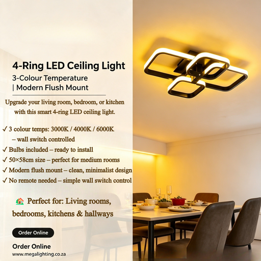 4-Ring LED Ceiling Light 50×58cm 3-colour switchable modern flush mount ceiling lamp for living room bedroom kitchen, MEGA LIGHTING South Africa