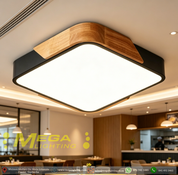 40x40cm square wood-frame ceiling light with natural wood grain and 4000K neutral white glow, installed in a modern living room.
