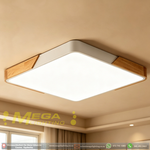 40x40cm square wood-frame ceiling light with natural wood grain and 4000K neutral white glow, installed in a modern living room.