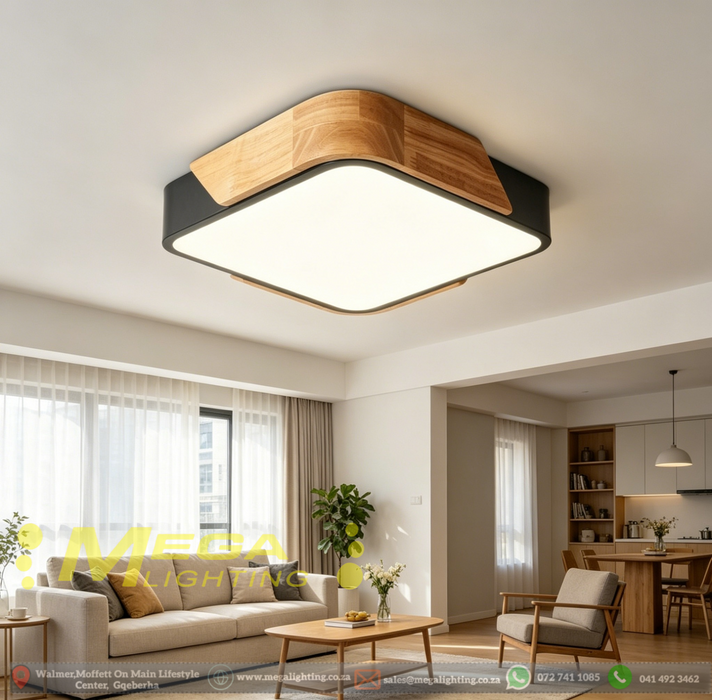 40x40cm square wood-frame ceiling light with natural wood grain and 4000K neutral white glow, installed in a modern living room.