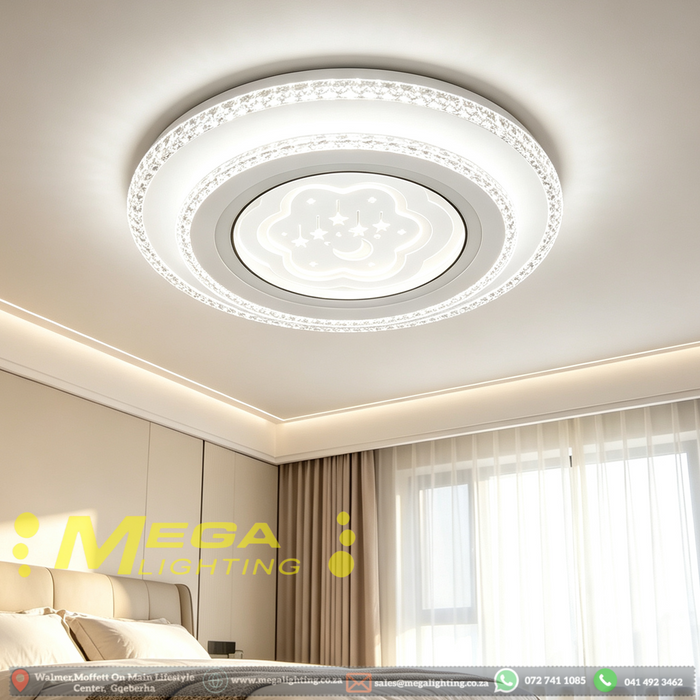 48cm round LED flush‑mount ceiling light moon‑star hollow‑out multi‑layer crystal frame 3‑colour switchable MEGA LIGHTING South Africa