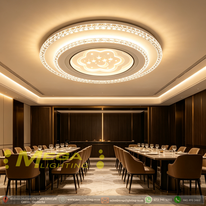 48cm round LED flush‑mount ceiling light moon‑star hollow‑out multi‑layer crystal frame 3‑colour switchable MEGA LIGHTING South Africa