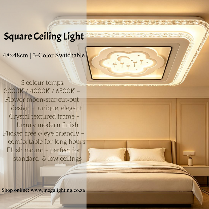 48×48cm artistic flower moon‑star cut‑out flush mount LED ceiling light 3‑colour switchable crystal textured frame MEGA LIGHTING South Africa