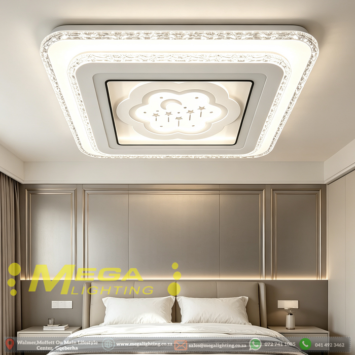 48×48cm artistic flower moon‑star cut‑out flush mount LED ceiling light 3‑colour switchable crystal textured frame MEGA LIGHTING South Africa