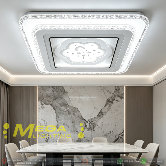 48×48cm artistic flower moon‑star cut‑out flush mount LED ceiling light 3‑colour switchable crystal textured frame MEGA LIGHTING South Africa