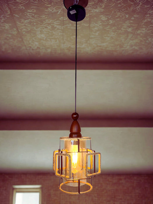Vintage Cage Pendant Light 1xE27 Head Metal Ceiling Light with Wicker Black Linear Shade