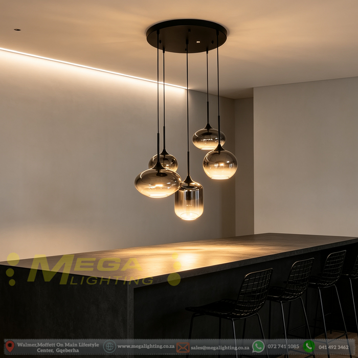 5-light smoke gradient glass cluster pendant light with 500mm round black base, mixed sizes 2×250mm 2×200mm 1×180mm glass shades, 1-1.2m adjustable height decorative hanging lamp for dining room kitchen island living room, MEGA LIGHTING South Africa