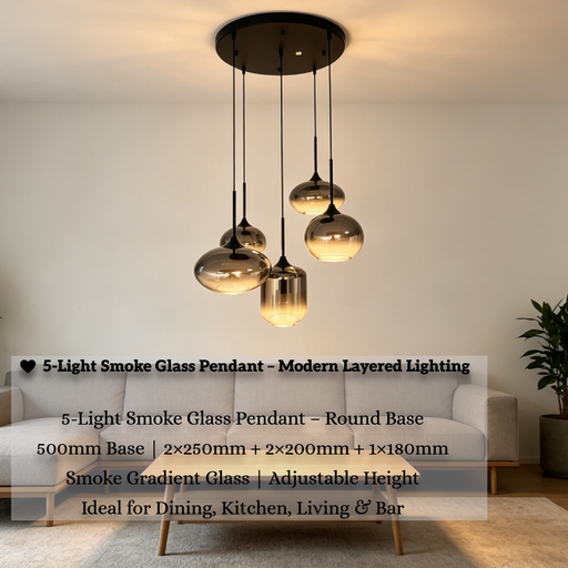5-light smoke gradient glass cluster pendant light with 500mm round black base, mixed sizes 2×250mm 2×200mm 1×180mm glass shades, 1-1.2m adjustable height decorative hanging lamp for dining room kitchen island living room, MEGA LIGHTING South Africa