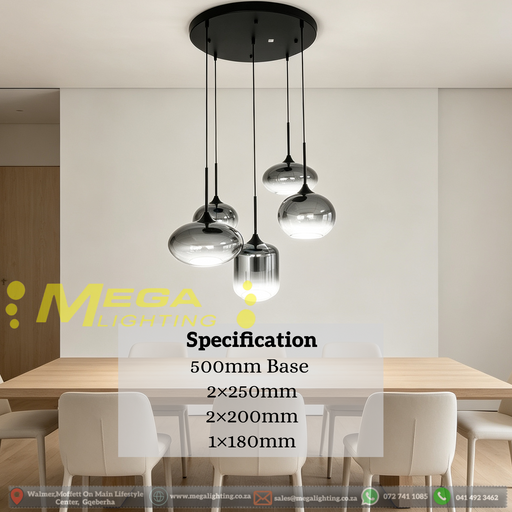 5-light smoke gradient glass cluster pendant light with 500mm round black base, mixed sizes 2×250mm 2×200mm 1×180mm glass shades, 1-1.2m adjustable height decorative hanging lamp for dining room kitchen island living room, MEGA LIGHTING South Africa