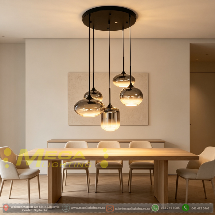 5-light smoke gradient glass cluster pendant light with 500mm round black base, mixed sizes 2×250mm 2×200mm 1×180mm glass shades, 1-1.2m adjustable height decorative hanging lamp for dining room kitchen island living room, MEGA LIGHTING South Africa