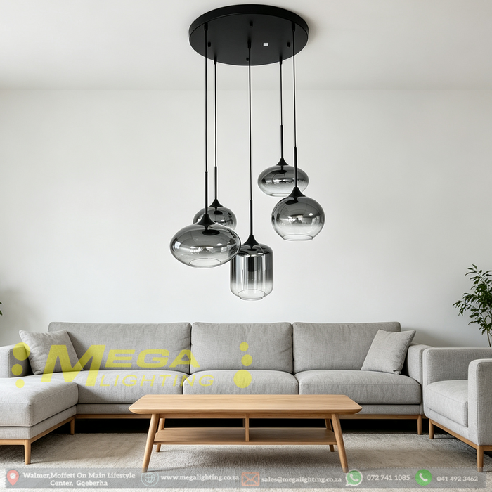 5-light smoke gradient glass cluster pendant light with 500mm round black base, mixed sizes 2×250mm 2×200mm 1×180mm glass shades, 1-1.2m adjustable height decorative hanging lamp for dining room kitchen island living room, MEGA LIGHTING South Africa