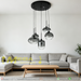 5-light smoke gradient glass cluster pendant light with 500mm round black base, mixed sizes 2×250mm 2×200mm 1×180mm glass shades, 1-1.2m adjustable height decorative hanging lamp for dining room kitchen island living room, MEGA LIGHTING South Africa