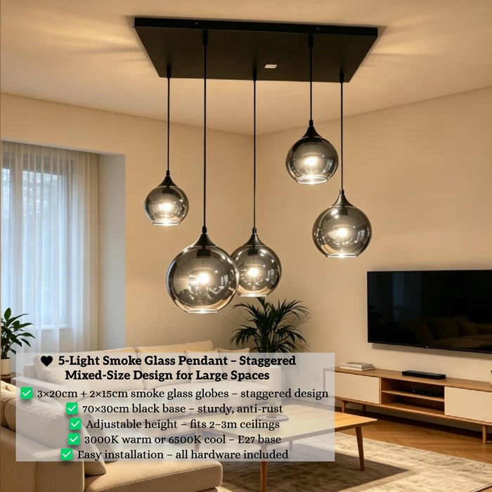 5-light smoke gradient glass linear pendant light with mixed sizes 3×20cm and 2×15cm shades, 70×30cm black base adjustable height E27 hanging lamp for dining room living room bar restaurant, MEGA LIGHTING South Africa