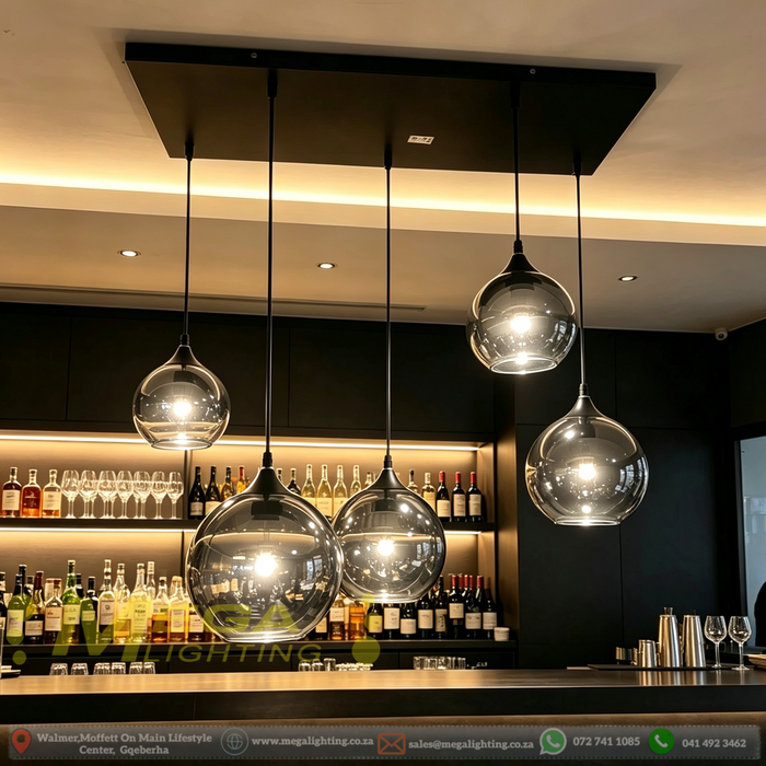 5-light smoke gradient glass linear pendant light with mixed sizes 3×20cm and 2×15cm shades, 70×30cm black base adjustable height E27 hanging lamp for dining room living room bar restaurant, MEGA LIGHTING South Africa