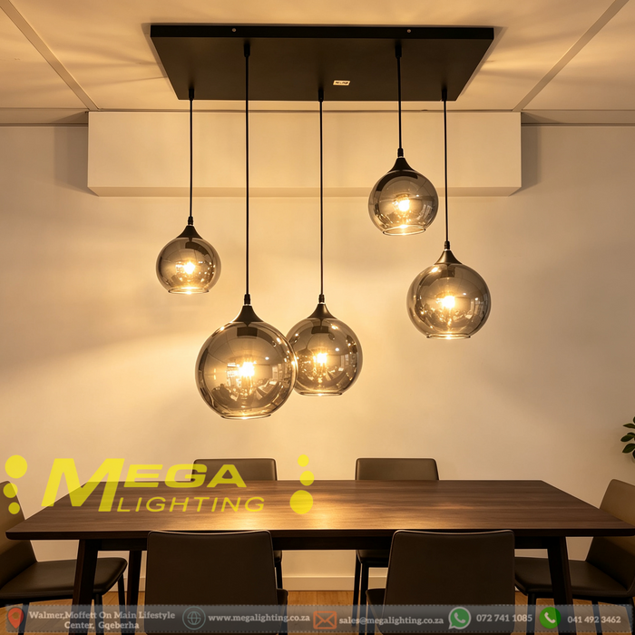 5-light smoke gradient glass linear pendant light with mixed sizes 3×20cm and 2×15cm shades, 70×30cm black base adjustable height E27 hanging lamp for dining room living room bar restaurant, MEGA LIGHTING South Africa
