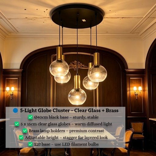 5-light globe cluster pendant light with Ø40cm round black base, 15cm clear bubble glass globes and brass lamp holders, adjustable height decorative hanging lamp for dining room cafe living room, MEGA LIGHTING South Africa