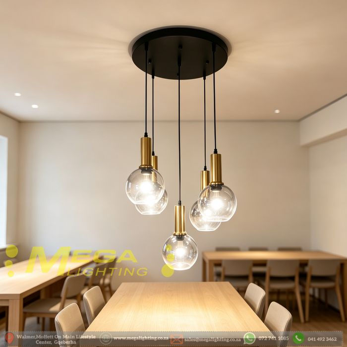 5-light globe cluster pendant light with Ø40cm round black base, 15cm clear bubble glass globes and brass lamp holders, adjustable height decorative hanging lamp for dining room cafe living room, MEGA LIGHTING South Africa