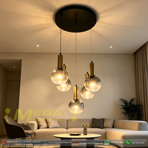 5-light globe cluster pendant light with Ø40cm round black base, 15cm clear bubble glass globes and brass lamp holders, adjustable height decorative hanging lamp for dining room cafe living room, MEGA LIGHTING South Africa