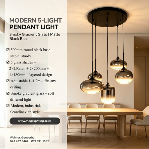 5-light smoke gradient glass cluster pendant light with 500mm round black base, mixed sizes 2×250mm 2×200mm 1×180mm glass shades, 1-1.2m adjustable height decorative hanging lamp for dining room kitchen island living room, MEGA LIGHTING South Africa