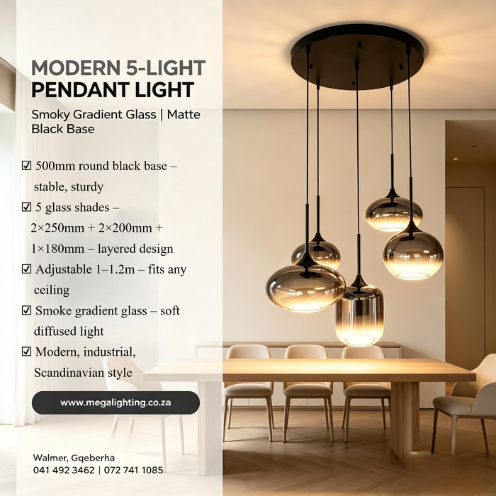 5-light smoke gradient glass cluster pendant light with 500mm round black base, mixed sizes 2×250mm 2×200mm 1×180mm glass shades, 1-1.2m adjustable height decorative hanging lamp for dining room kitchen island living room, MEGA LIGHTING South Africa