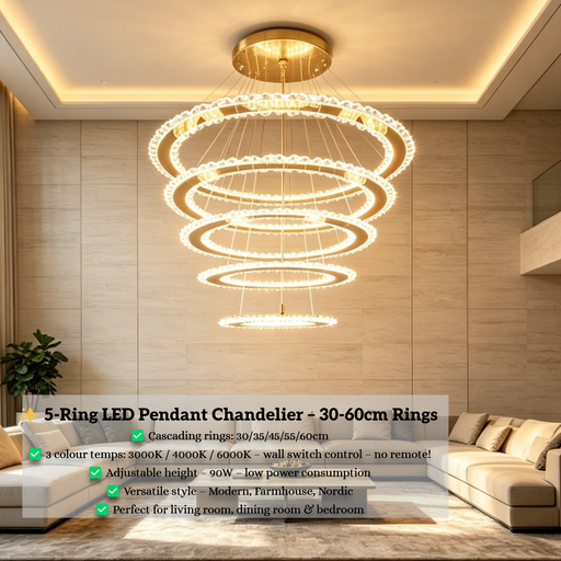 5-ring white LED pendant chandelier with cascading 30-60cm rings, warm glow above a modern dining table.
