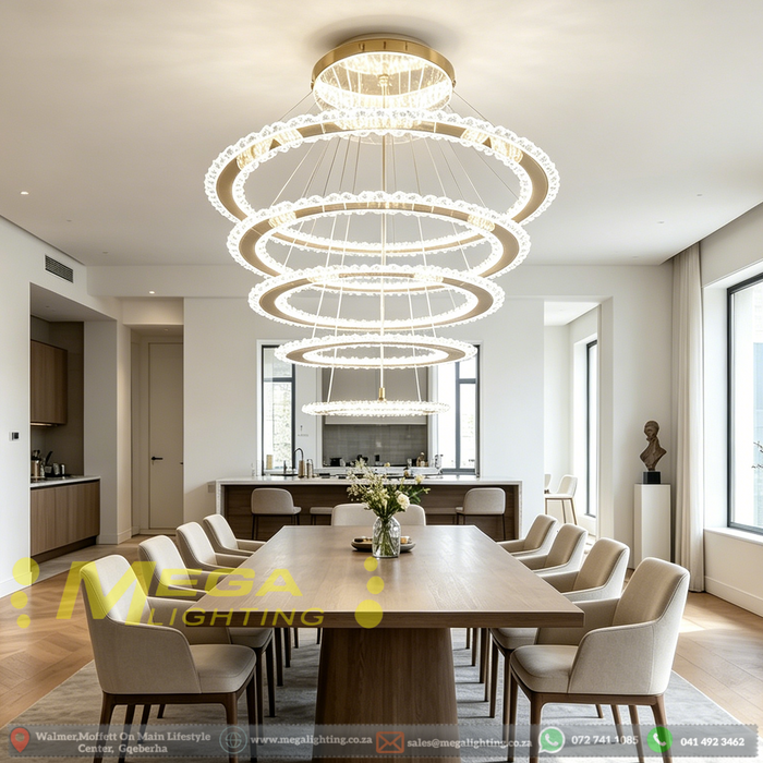 5-ring white LED pendant chandelier with cascading 30-60cm rings, warm glow above a modern dining table.