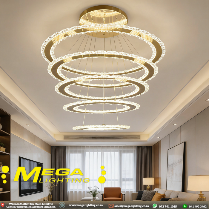 5-ring white LED pendant chandelier with cascading 30-60cm rings, warm glow above a modern dining table.