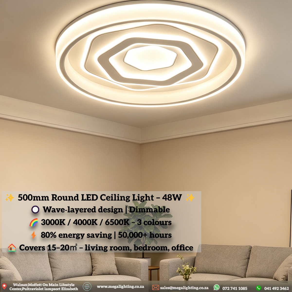 Modern Round LED Ceiling Light 500mm 48W Dimmable 3-Color Temperature ...