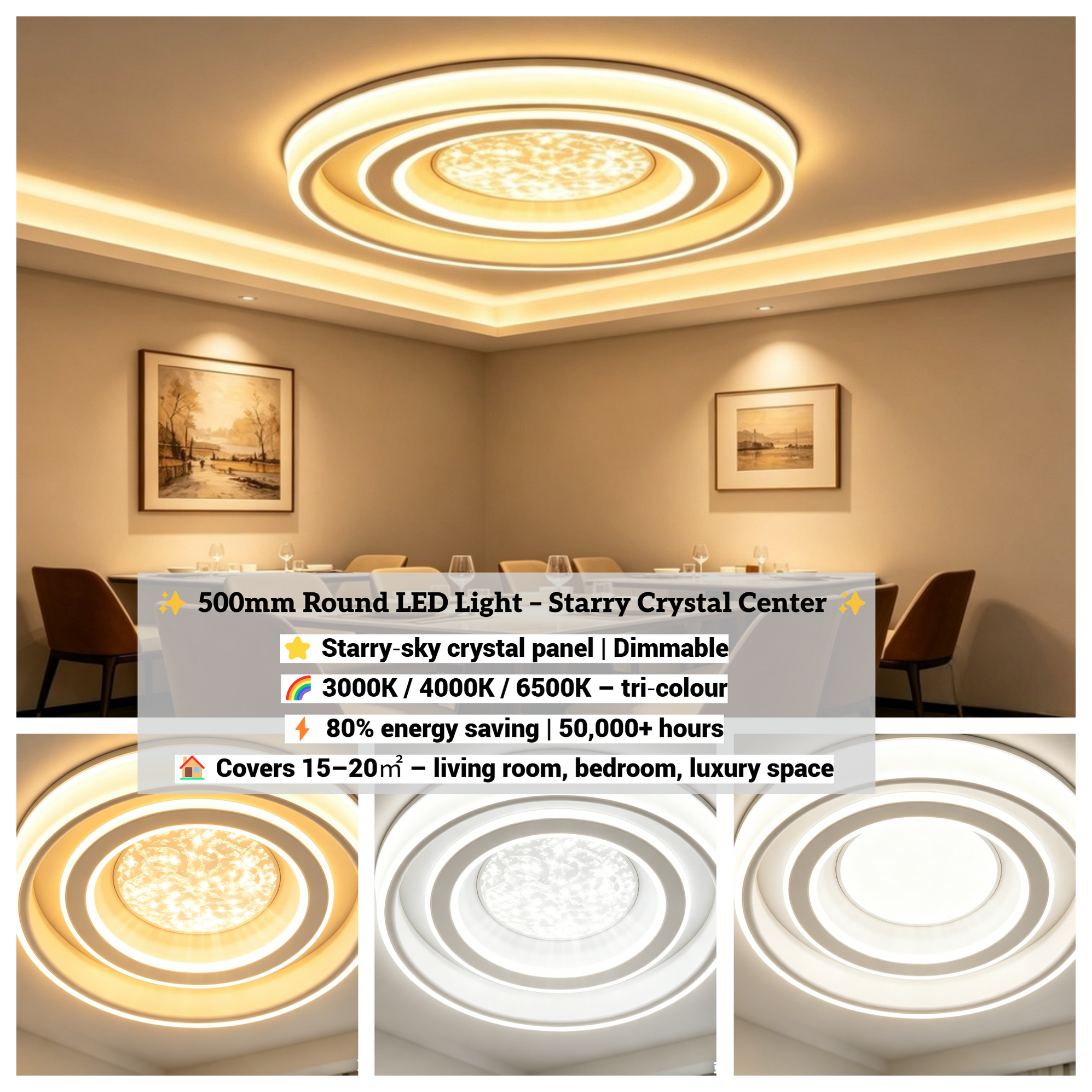 Modern Round LED Ceiling Light with Starry Crystal Center – 500mm, 48W ...