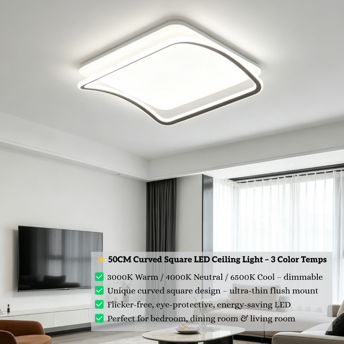 50CM LXW curved square modern LED flush mount ceiling light, 3 color temp options, for bedroom dining room home decor.