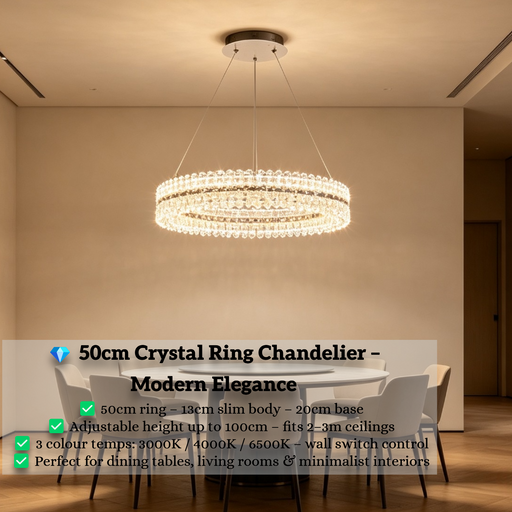 Modern double-layer crystal ring dining chandelier 50cm diameter, adjustable height up to 100cm, 3-colour dimmable 3000K 4000K 6500K minimalist LED hanging lamp for dining table living room, MEGA LIGHTING South Africa
