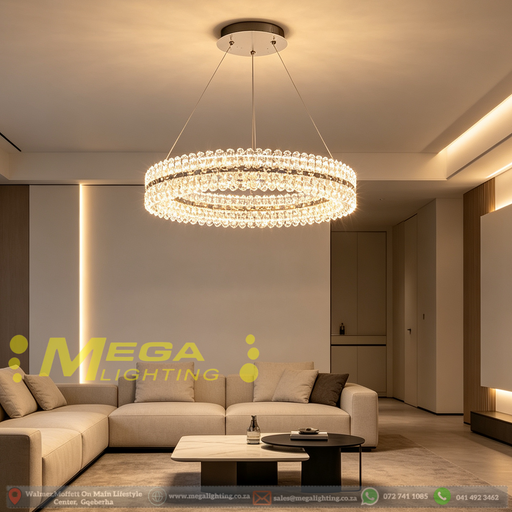Modern double-layer crystal ring dining chandelier 50cm diameter, adjustable height up to 100cm, 3-colour dimmable 3000K 4000K 6500K minimalist LED hanging lamp for dining table living room, MEGA LIGHTING South Africa