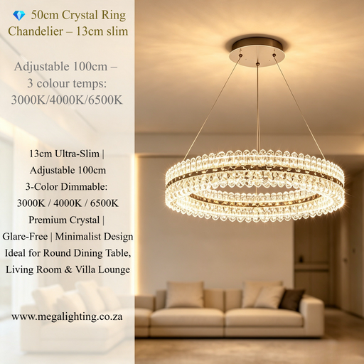 Modern double-layer crystal ring dining chandelier 50cm diameter, adjustable height up to 100cm, 3-colour dimmable 3000K 4000K 6500K minimalist LED hanging lamp for dining table living room, MEGA LIGHTING South Africa