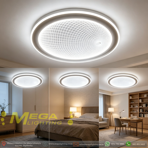 50cm round LED ceiling light with grid-pattern panel, adjustable 3000K/4000K/6500K light, installed in a modern bedroom.