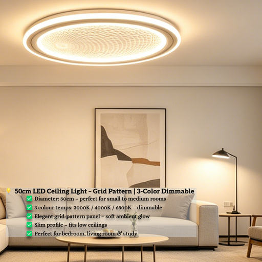 50cm round LED ceiling light with grid-pattern panel, adjustable 3000K/4000K/6500K light, installed in a modern bedroom.