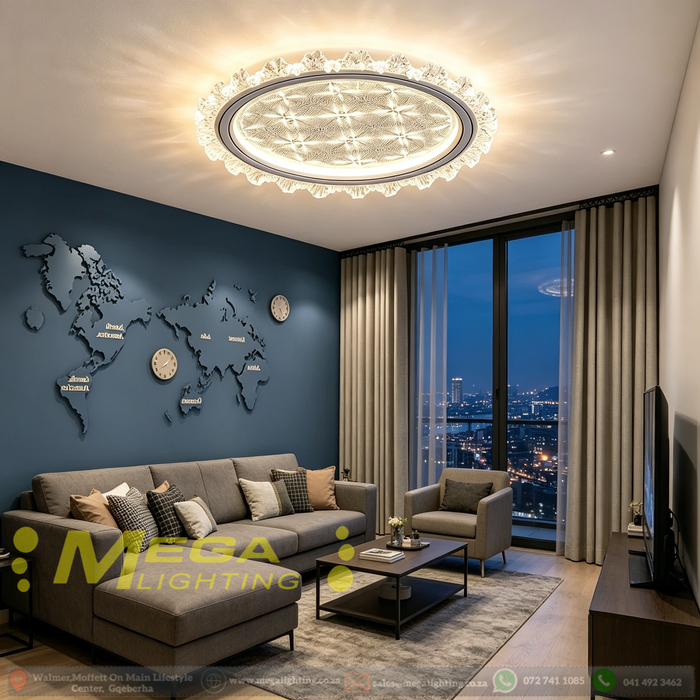 50cm LED crystal flush ceiling light with starburst pattern diffuser and petal-shaped crystal trim, installed in a modern bedroom with warm lighting.


