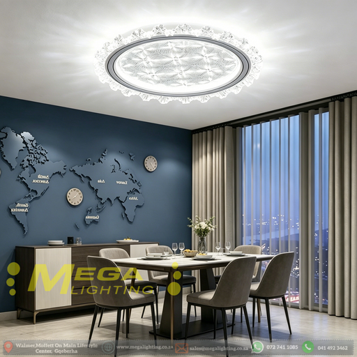 50cm LED crystal flush ceiling light with starburst pattern diffuser and petal-shaped crystal trim, installed in a modern bedroom with warm lighting.

