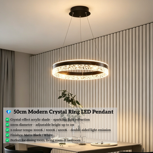 Black modern crystal ring LED pendant light, 50cm diameter, installed in a minimalist European dining room with warm 3000K lighting.