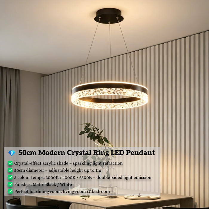 Black modern crystal ring LED pendant light, 50cm diameter, installed in a minimalist European dining room with warm 3000K lighting.
