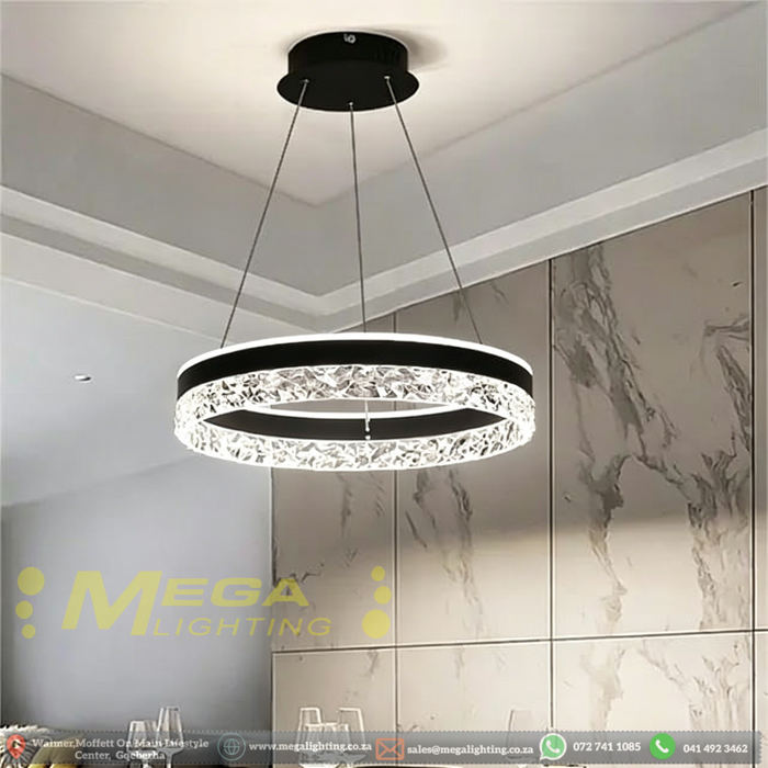 Black modern crystal ring LED pendant light, 50cm diameter, installed in a minimalist European dining room with warm 3000K lighting.