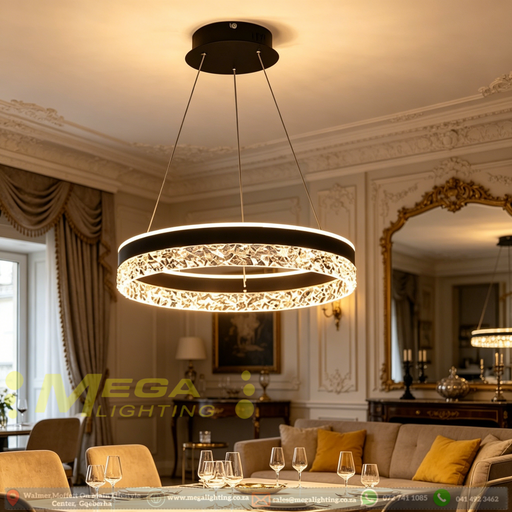 Black modern crystal ring LED pendant light, 50cm diameter, installed in a minimalist European dining room with warm 3000K lighting.