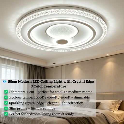 50cm round LED ceiling light with sparkling crystal edge, adjustable 3000K/4000K/6500K light, installed in a modern bedroom.