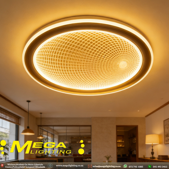 50cm round LED ceiling light with grid-pattern panel, adjustable 3000K/4000K/6500K light, installed in a modern bedroom.