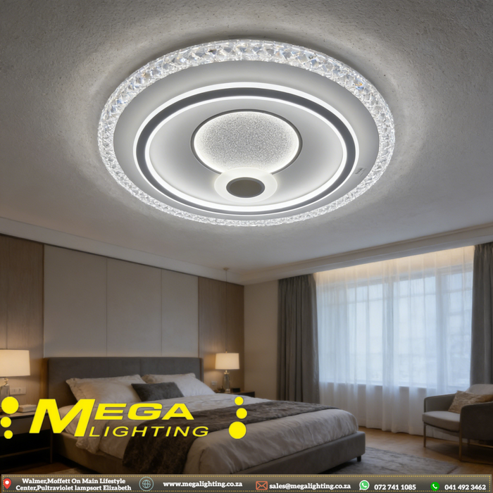 50cm round LED ceiling light with sparkling crystal edge, adjustable 3000K/4000K/6500K light, installed in a modern bedroom.