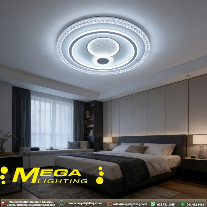 50cm round LED ceiling light with sparkling crystal edge, adjustable 3000K/4000K/6500K light, installed in a modern bedroom.