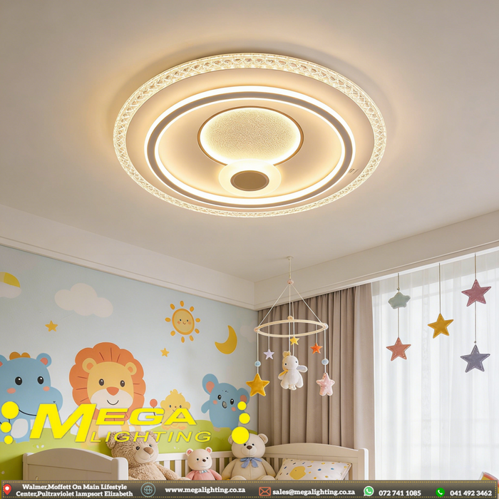 50cm round LED ceiling light with sparkling crystal edge, adjustable 3000K/4000K/6500K light, installed in a modern bedroom.